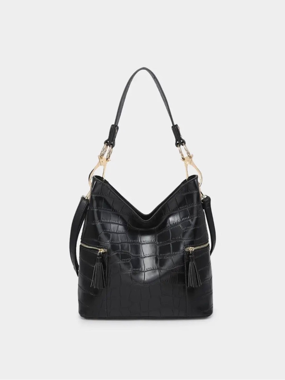 Jen & Co. Black Croc-Embossed Hobo Bag with Tassels